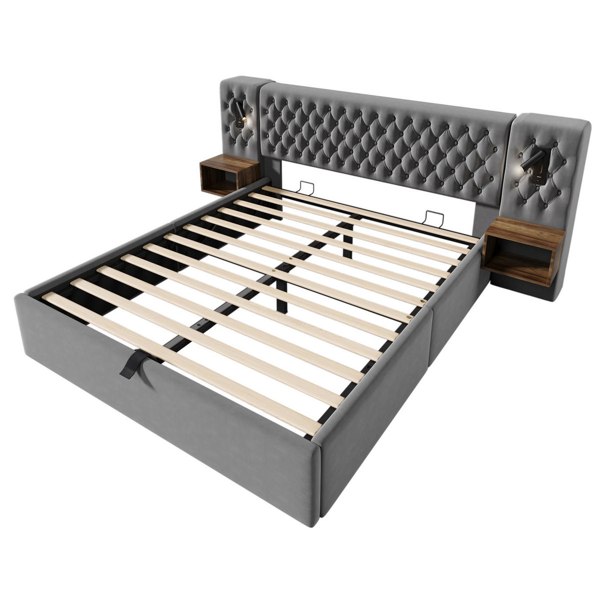 BETT mit Stauraum 160x200 cm Samt Grau mit 2 Nachttischen - Grau, Metall (160/200cm) - Meubliv