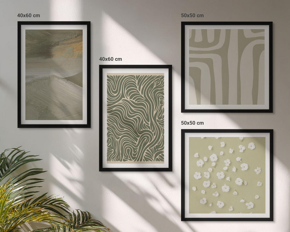 BILDER SET 4er Set - 50x50 cm & 40x60 cm Schwarzer Rahmen - Abstrakte Boho-Muster - Schwarz, Kunststoff (50/50cm) - TULUP