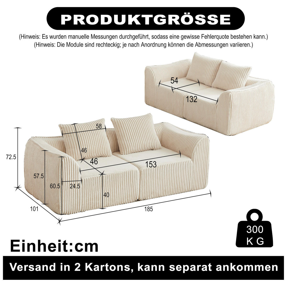 2-SITZER SOFA aus Cord in Beige minimalistisch & ohne Montage - Beige, Textil (101/72.5/185cm) - Urban Meuble