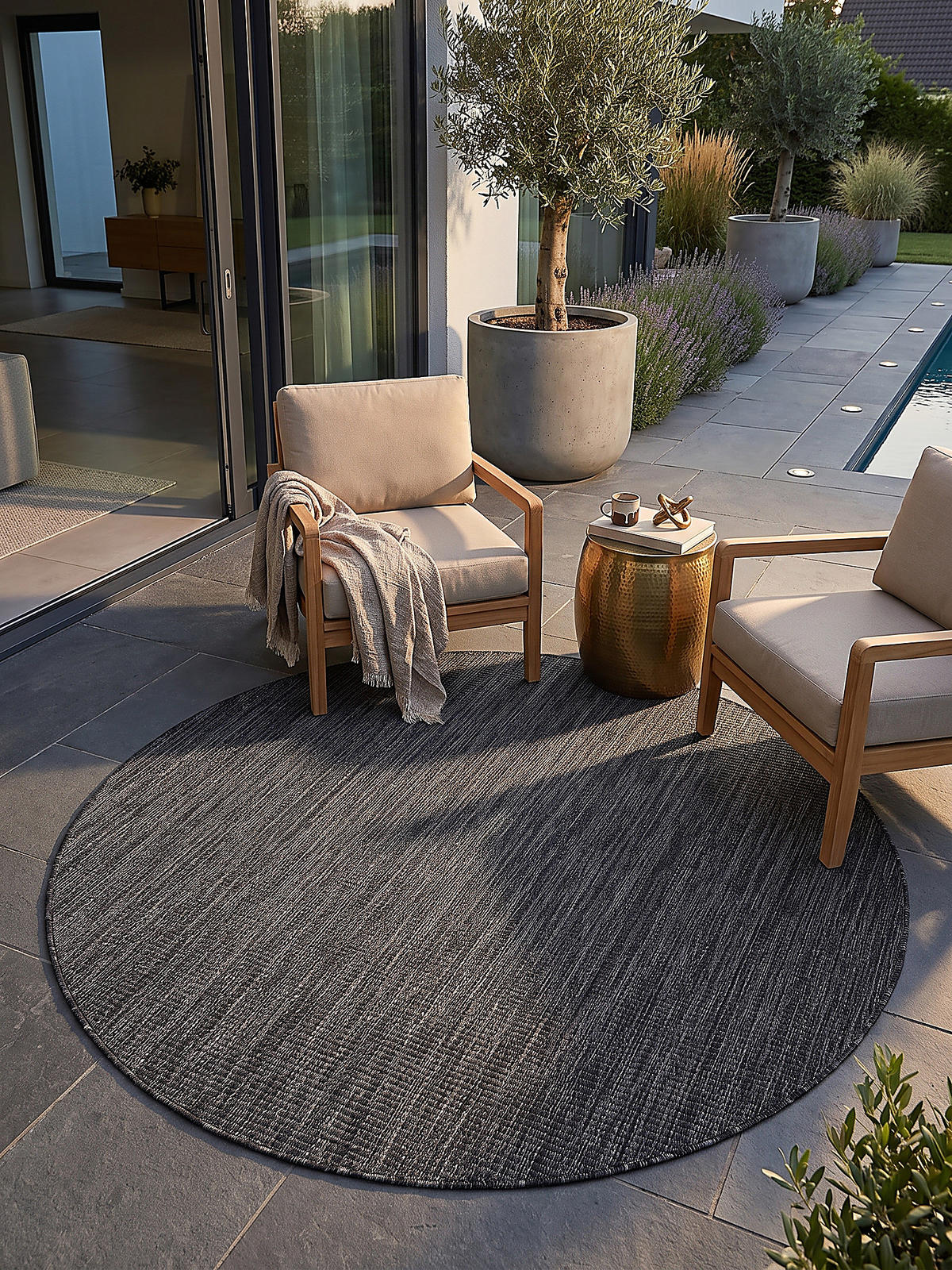 TEPPICH Flachgewebe, Outdoor, Fußbodenheizung-geeignet, VIGOLENO in Anthrazit, Ø 120 cm - Anthrazit, Textil (120/120cm) - KADIMA DESIGN