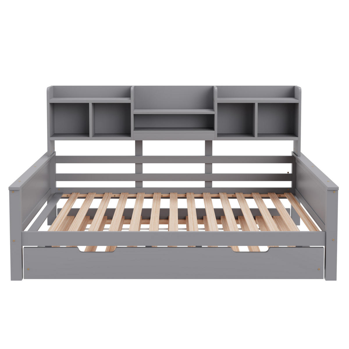 BETT mit integriertem Regal und Ausziehfunktion Kiefernholz Grau 90/200 cm - Grau, Holz (90/200cm) - OKWISH