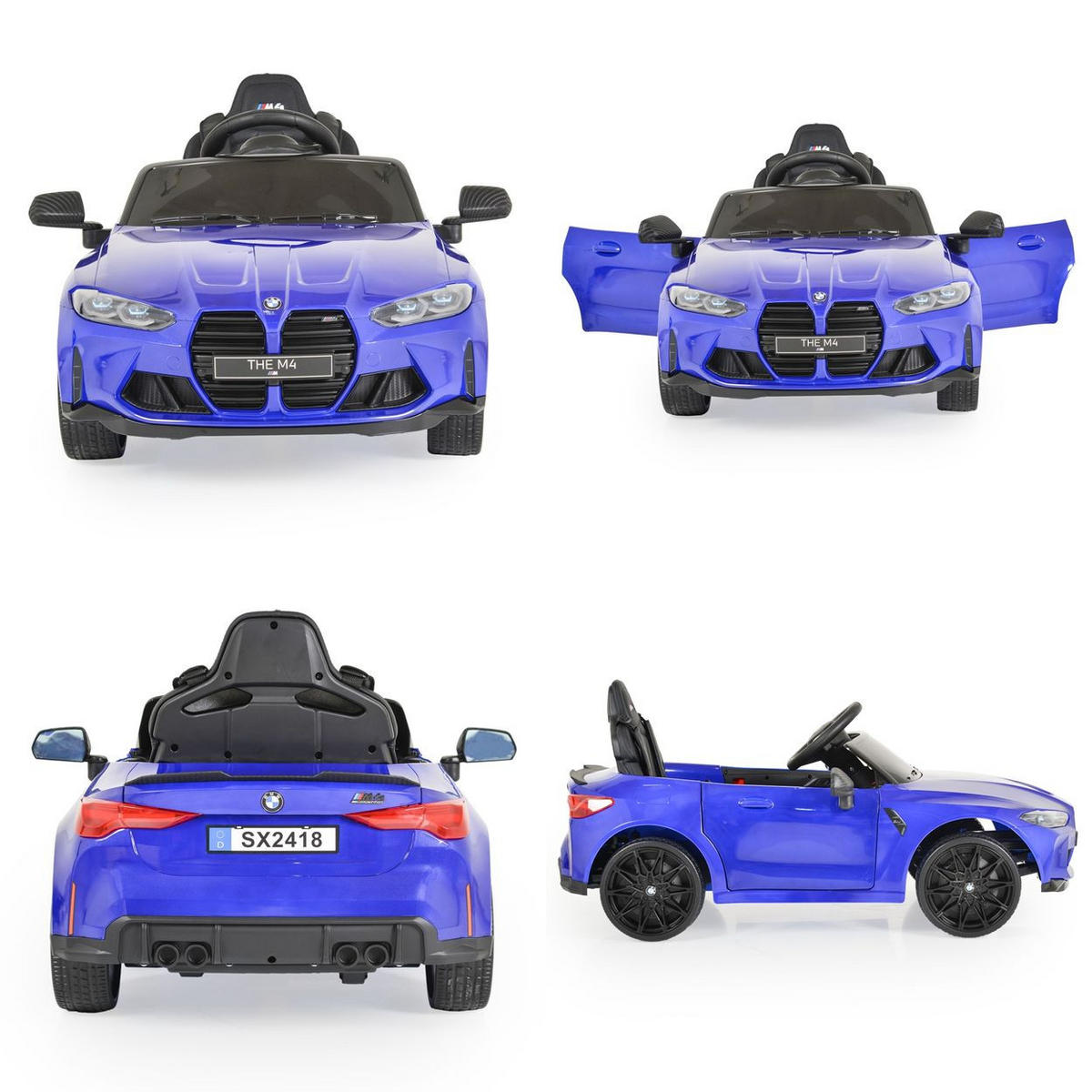 ELEKTROAUTO BMW M4 blau Fernbedienung EVA-Reifen 2 Motoren Musikfunktion - Blau, Kunststoff (110/74/49cm) - Moni