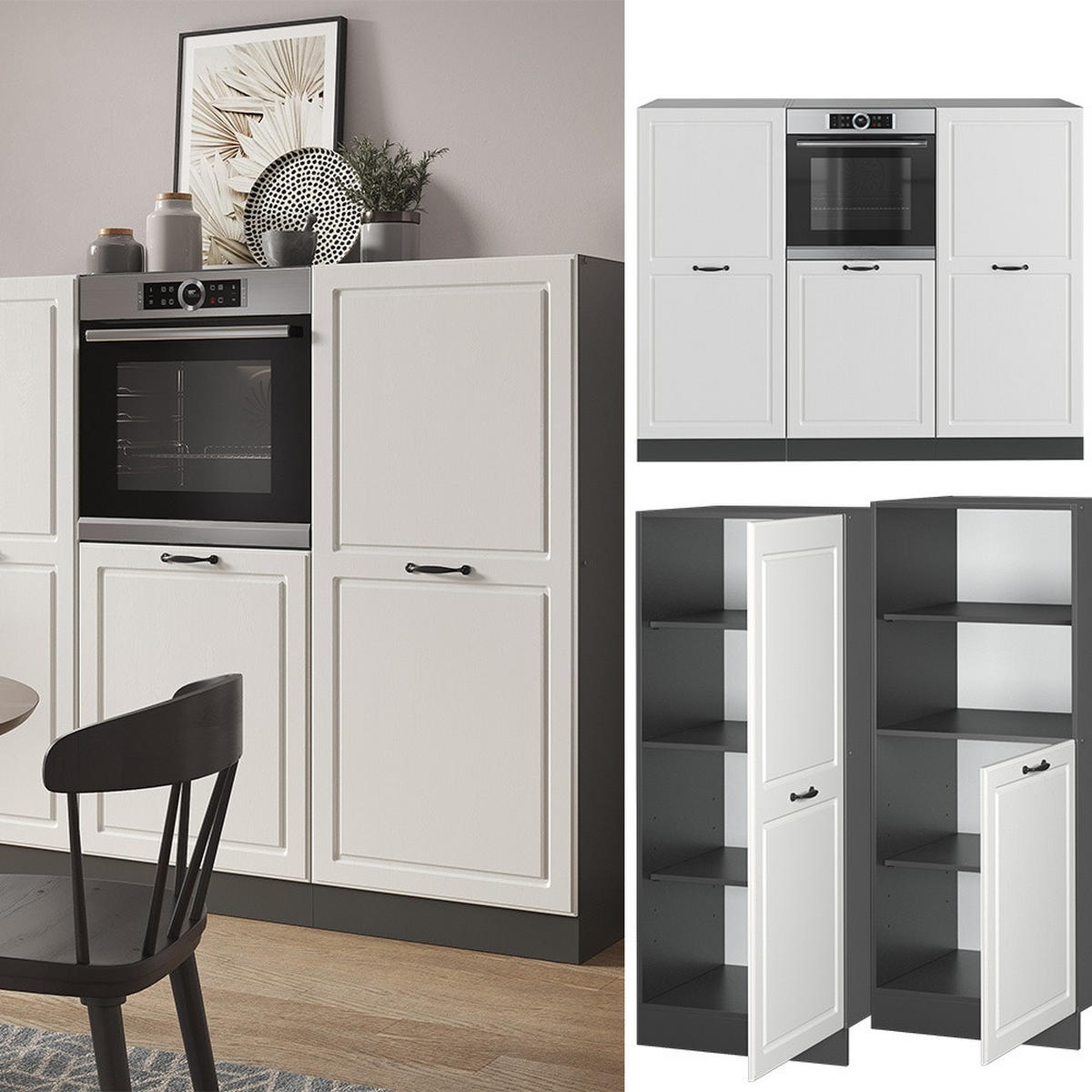 KÜCHENBLOCK R-Line Weiß Landhaus/Anthrazit 180 cm ohne Arbeitsplatte - Anthrazit/Weiß, Holzwerkstoff (180/143/46cm) - Vicco