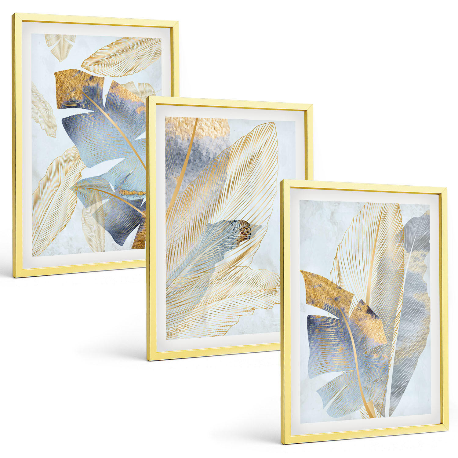 BILDER SET 3er Set - 40x60 cm Goldrahmen - Hellblau-beige Blätter - Goldfarben, Kunststoff (40/60cm) - TULUP