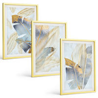 BILDER SET 3er Set - 40x60 cm Goldrahmen - Hellblau-beige Blätter - Goldfarben, Kunststoff (40/60cm) - TULUP