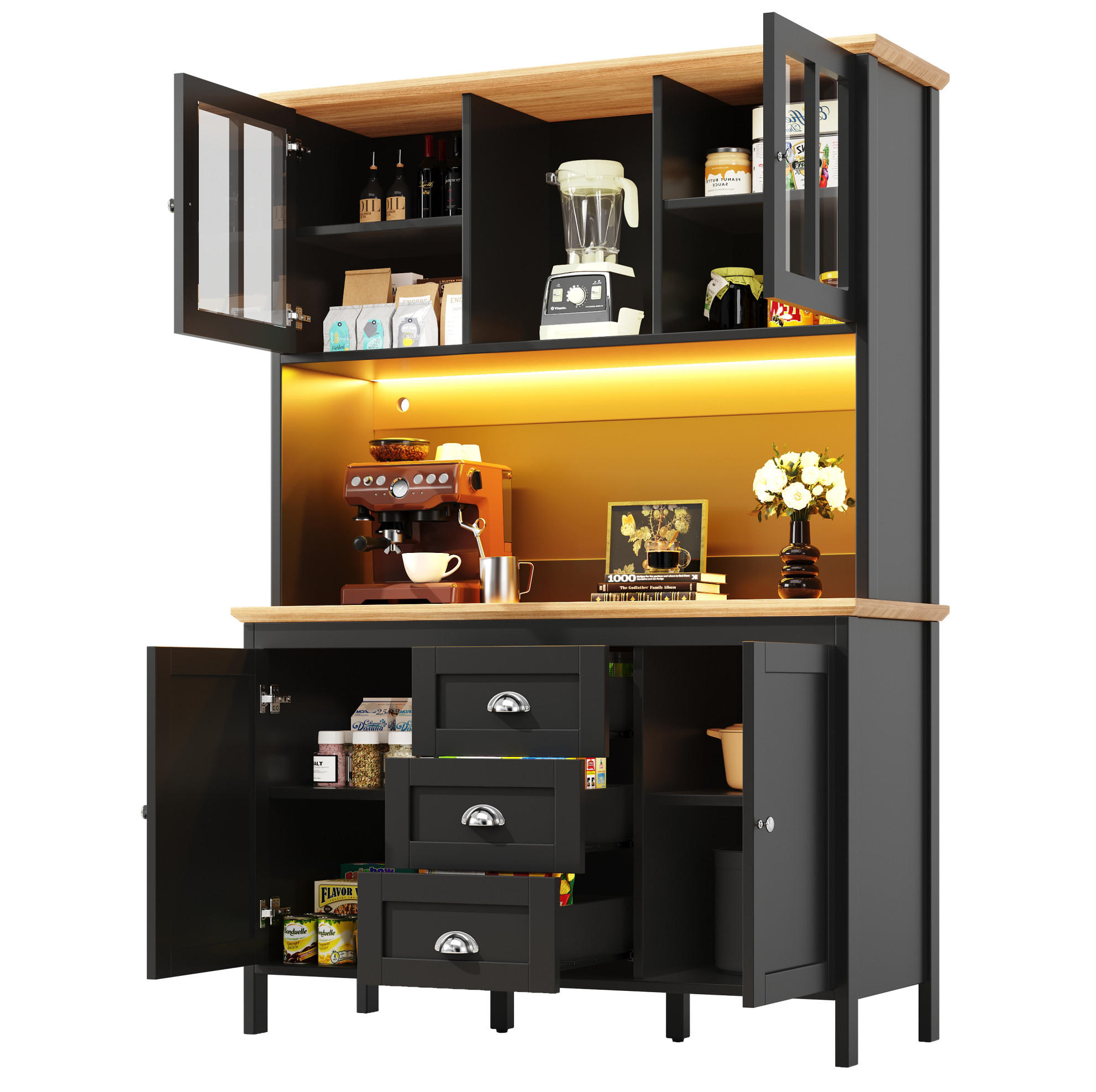 BUFFET 120/40/179 cm schwarz aus MDF/Metall mit LED - Schwarz, Holzwerkstoff (120/179/40cm) - OKWISH