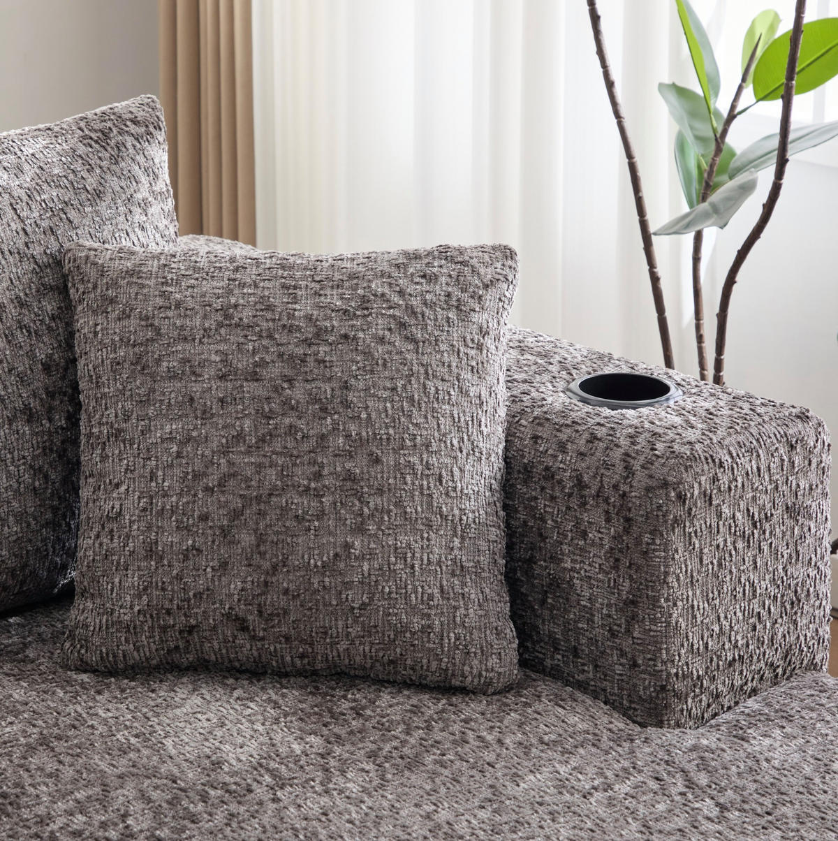 MODULÁRNÍ rohová pohovka 261/165/80,5 cm tmavě šedá z chenille s držákem na nápoje a hlubokým sedákem - tmavě šedá, textil (261/165cm) - OKWISH