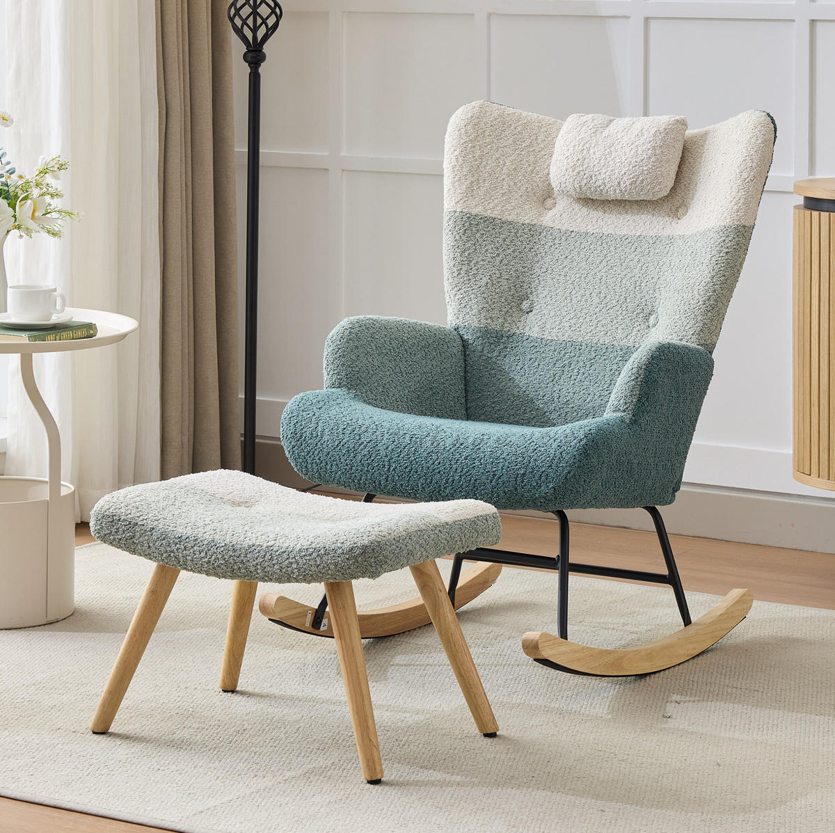 HOUPACÍ křeslo 83/65,5/95 cm vícebarevné z bouclé s taburetem a boční kapsou - různobarevná, textil (83/95/65.5cm) - OKWISH