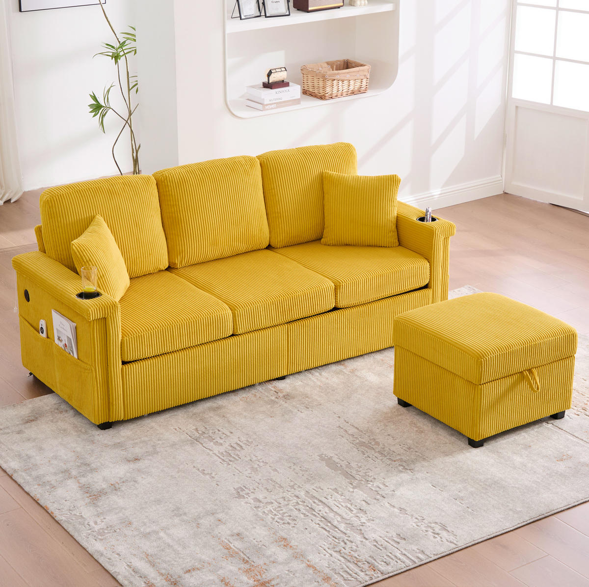 SOFA mit LED und USB/Type-C 194 x 73 x 81 cm Mustard Yellow - Gelb, Kunststoff (194/81/73cm) - Meubliv