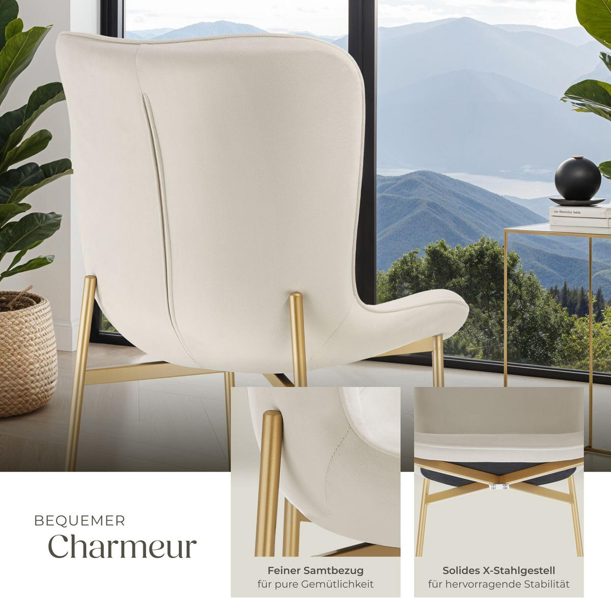 POLSTERSTUHL 4er Set Tessa 54 x 62 x 90 cm Samt beige/gold - Goldfarben/Samtahornfarben, Textil (54/90/62cm) - tectake