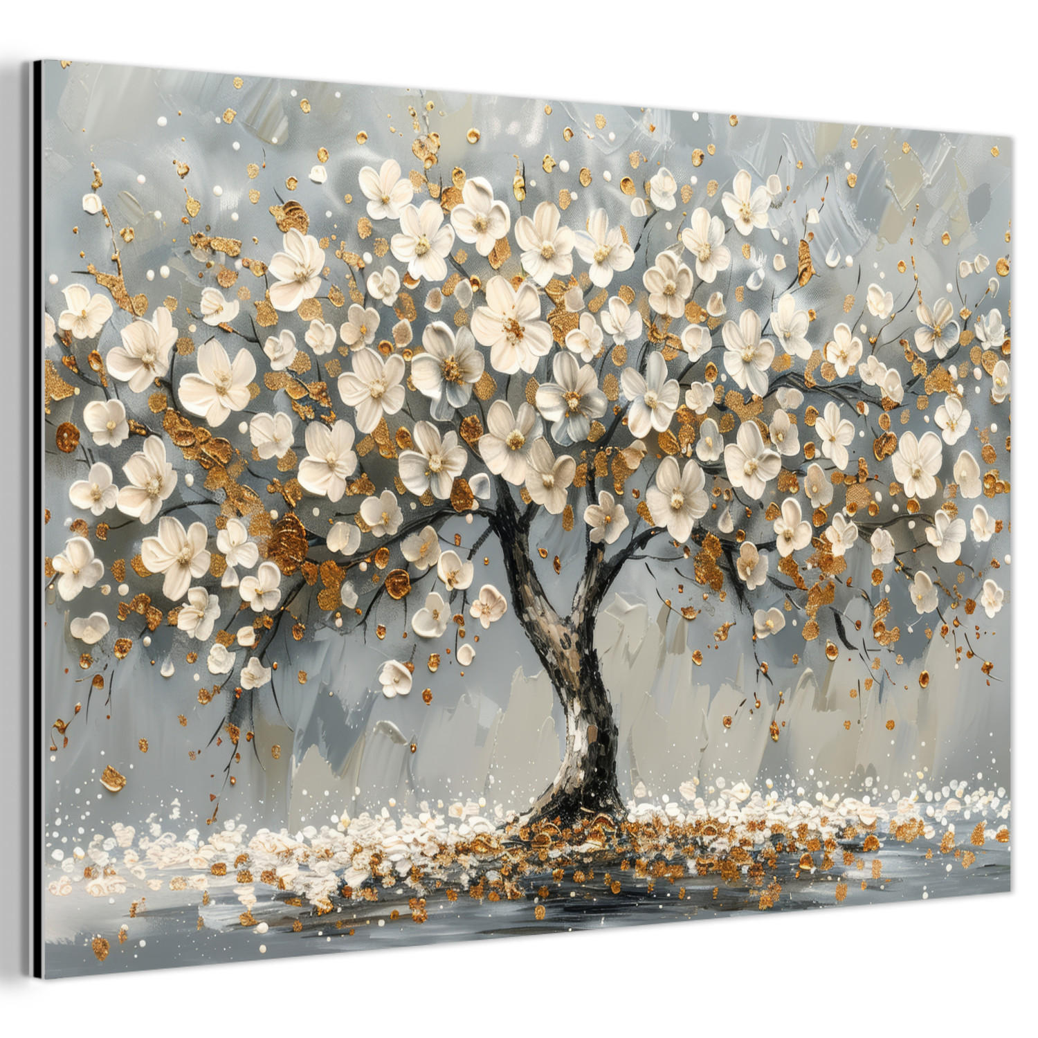 METALLBILD Baum - Blumen - Weiß - Natur - Kunst 120x80 cm - Weiß, Metall (120/80cm) - MuchoWow