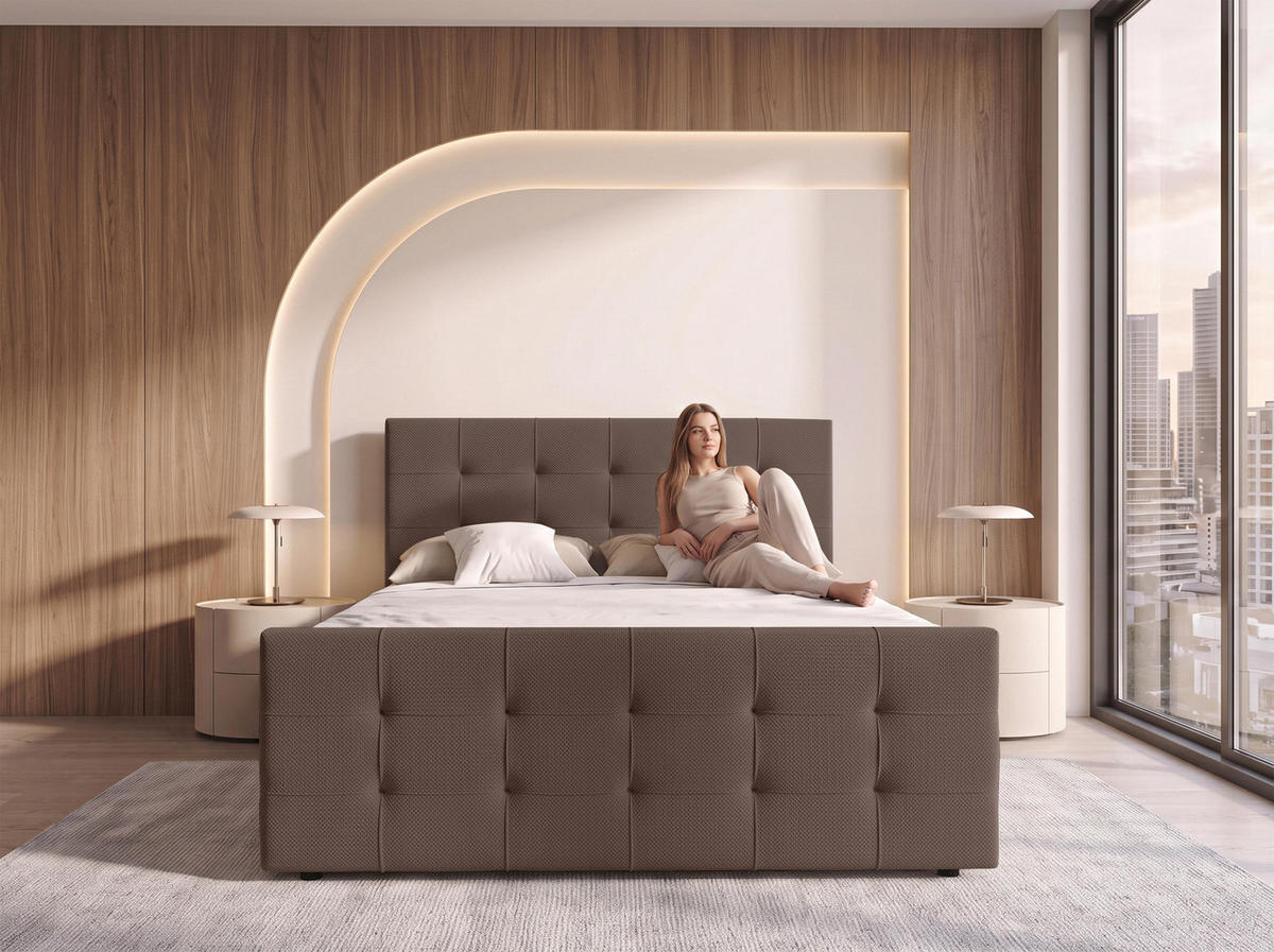 BOXBETT DEFNE 160x200 cm mit Fußteil und Matratze - Braun + TOPPER - Schwarz/Braun, Holz/Holzwerkstoff (160/200cm) - AX Living