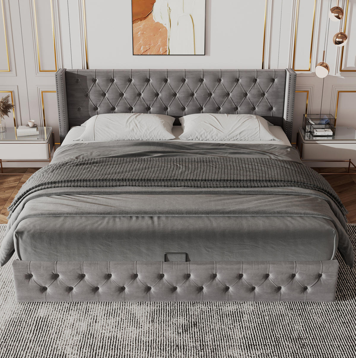 POLSTERBETT aus Samt 140x200 cm Grau mit hydraulischem Bettkasten - Grau, Textil (140/200cm) - IVMEU