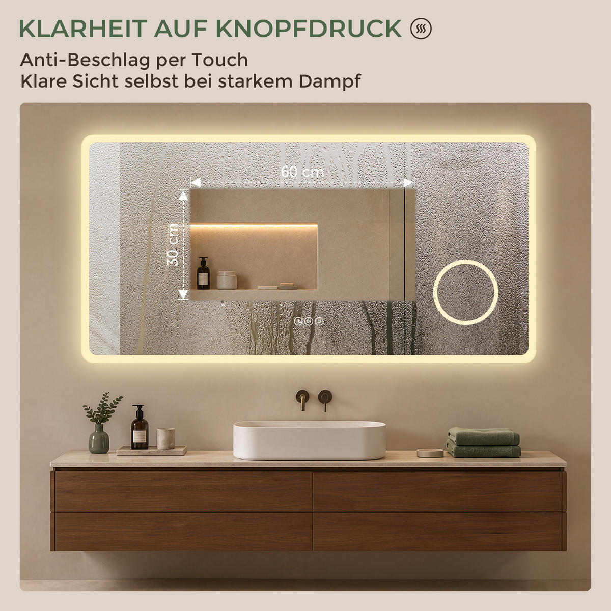 BADSPIEGEL mit Beleuchtung 60/120 cm rechteckig LED, Bluetooth, Vergrößerungsspiegel, Antibeschlag - Transparent, Glas (120/60/3.5cm) - S'AFIELINA