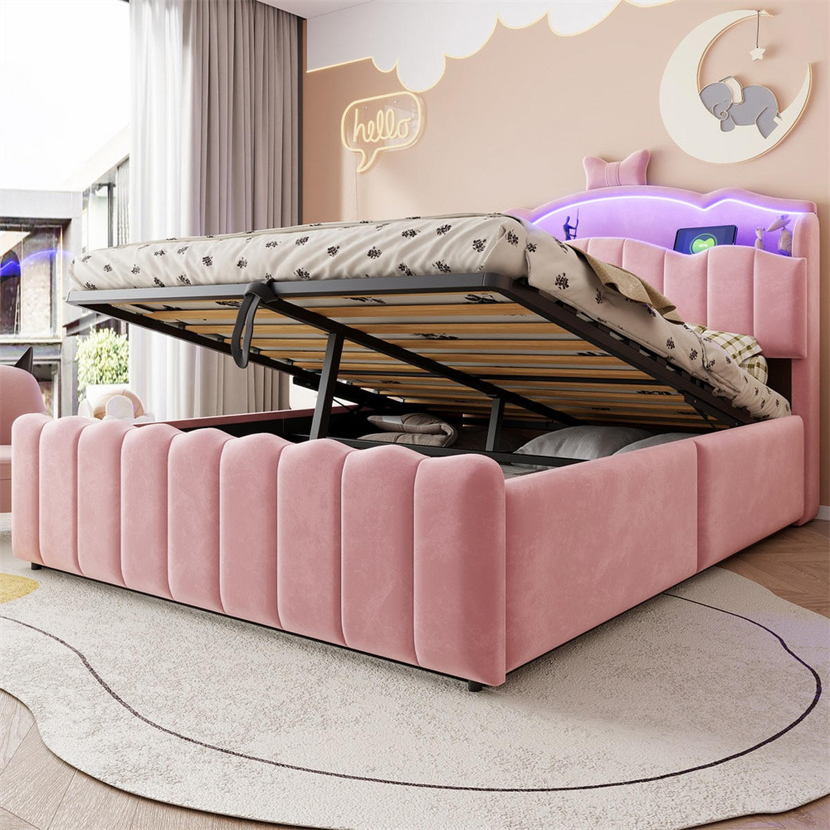 POLSTERBETT 140x200 cm mit hydraulischem Stauraum und LED Beleuchtung - 3USB - Anschlüsseund Typ-C - Rosa - Pink, Textil (140/200cm) - DELFA