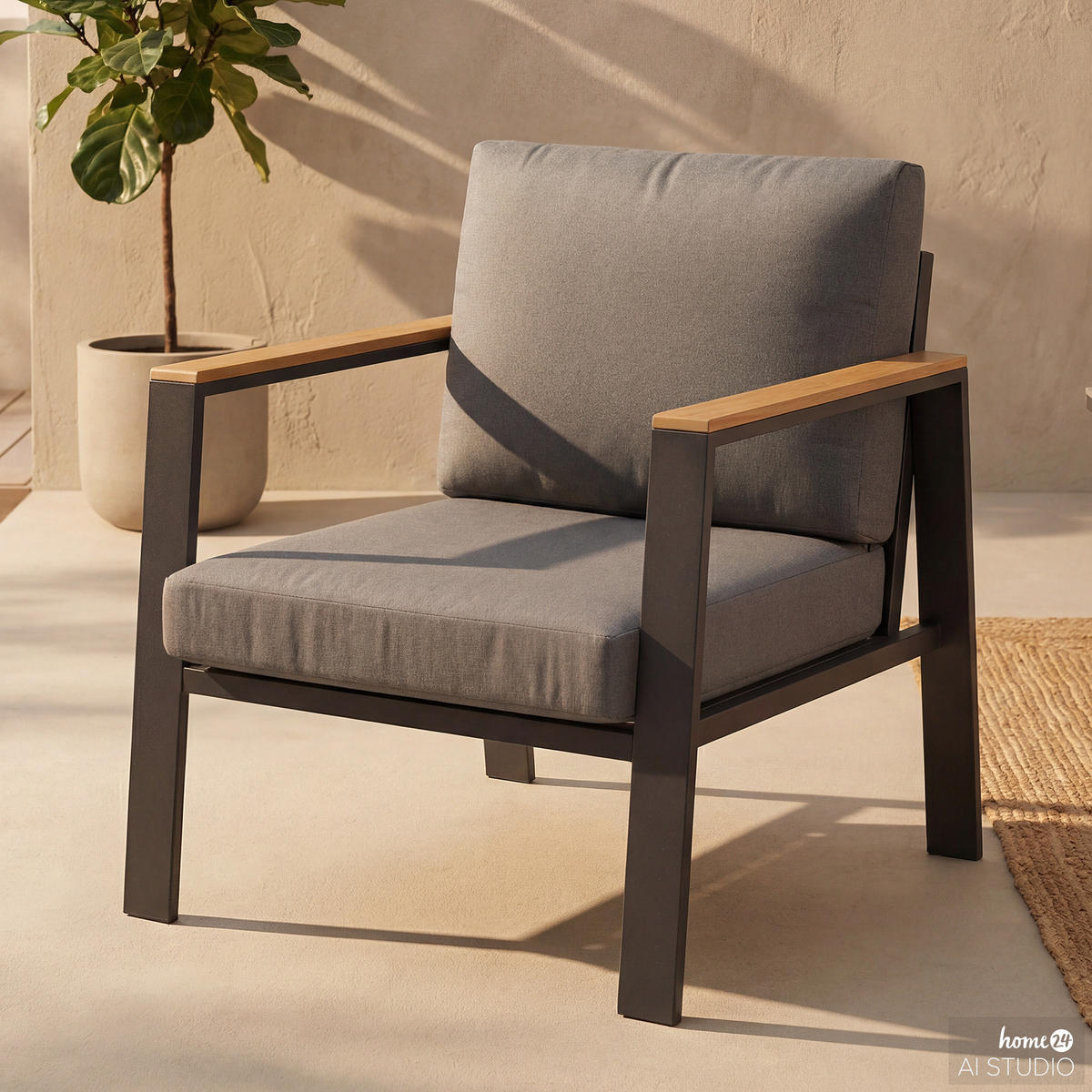 LOUNGESESSEL - Aluminium / Polyester - Anthrazit - Anthrazit/Braun, Holz/Metall (73/74/75cm) - home24