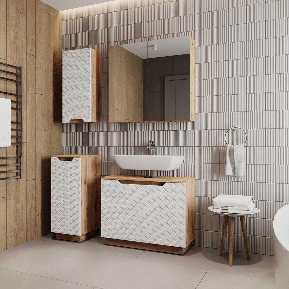 BADMÖBEL-SET Lotta Eiche/Weiß mit Kachelstruktur 4 Teile - Eichefarben/Weiß, Holzwerkstoff (79.6/62.1/32cm) - Vicco