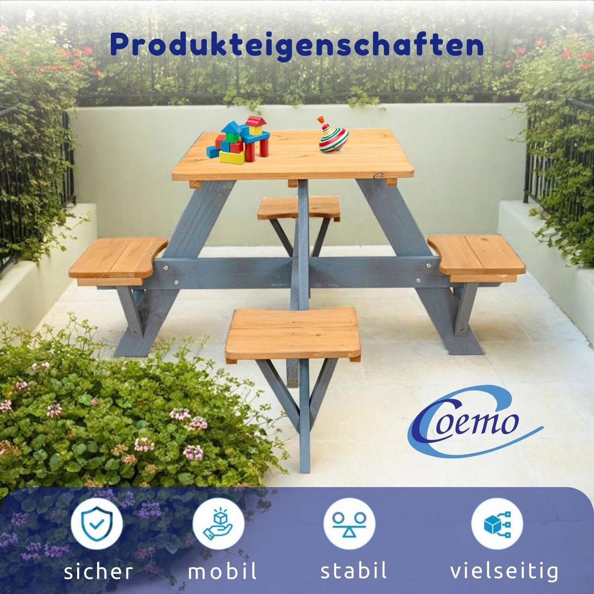 KINDER-PICKNICKTISCH ROMY 1 Tische 4 Sitze 109/109/56 cm - Braun, Holz - Coemo
