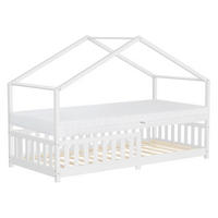 HAUSBETT mit Matratze 90x200 cm H:16cm Weiß aus Kiefernholz mit Rausfallschutz - Weiß, Holz (90/200cm) - ML-DESIGN