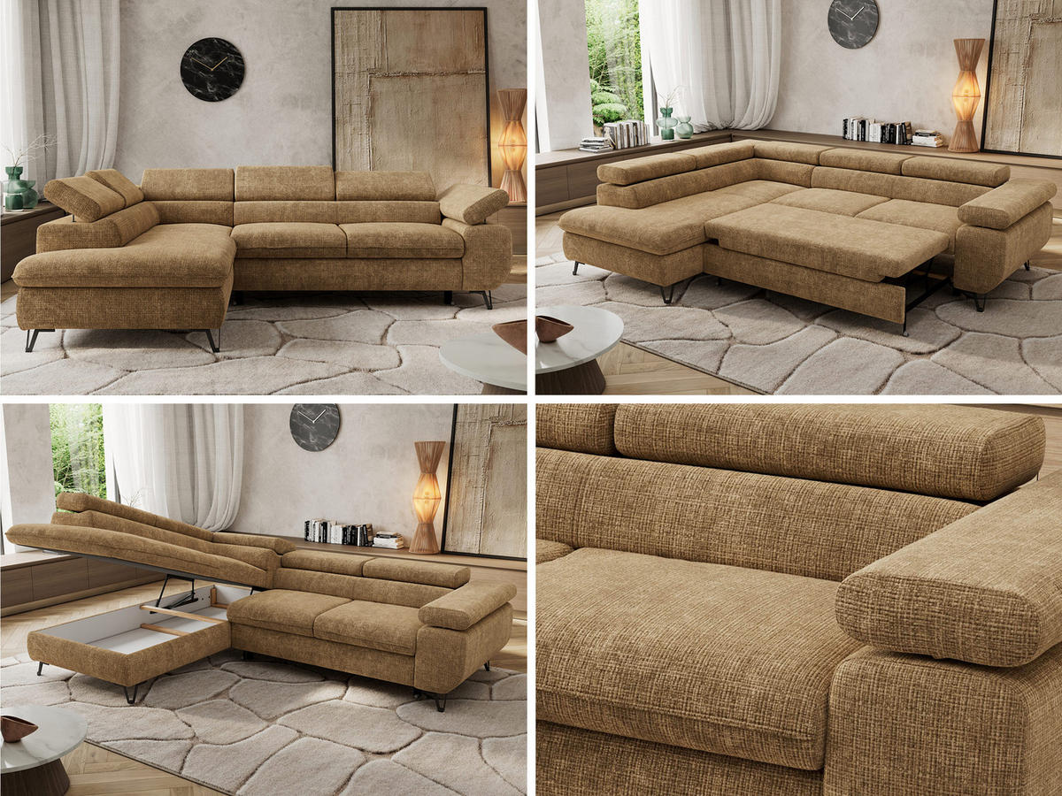 ECKSOFA PABLO L Hellbraun Schenille grob gewebt - Links Seite mit Visco Topper - Hellbraun/Schwarz, Textil/Metall (208/273cm) - MKS