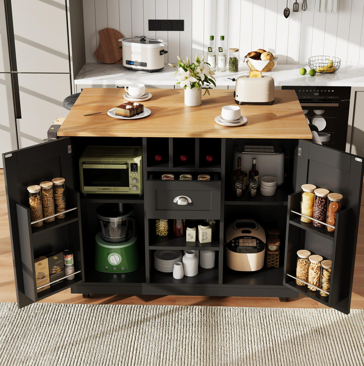 KÜCHENINSEL mit Rollen und Klappseiten 140 x 70 cm Schwarz - Schwarz, Holz (40/93.5/140cm) - Beauniv