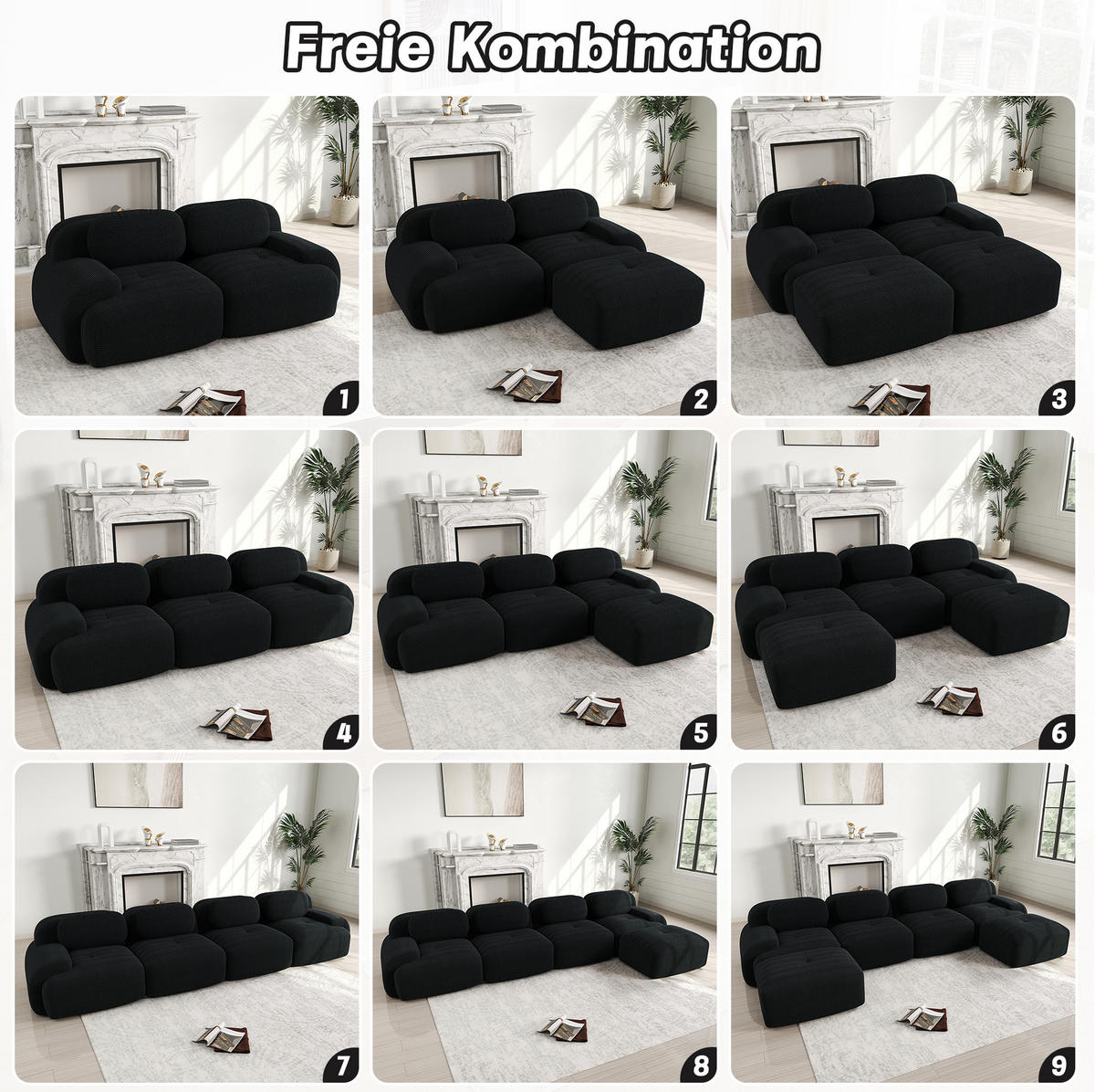 ECKSOFA in Schwarz aus Cord, modular, rahmenlos und montagefrei - Schwarz, Textil (178/298cm) - Flora Grace