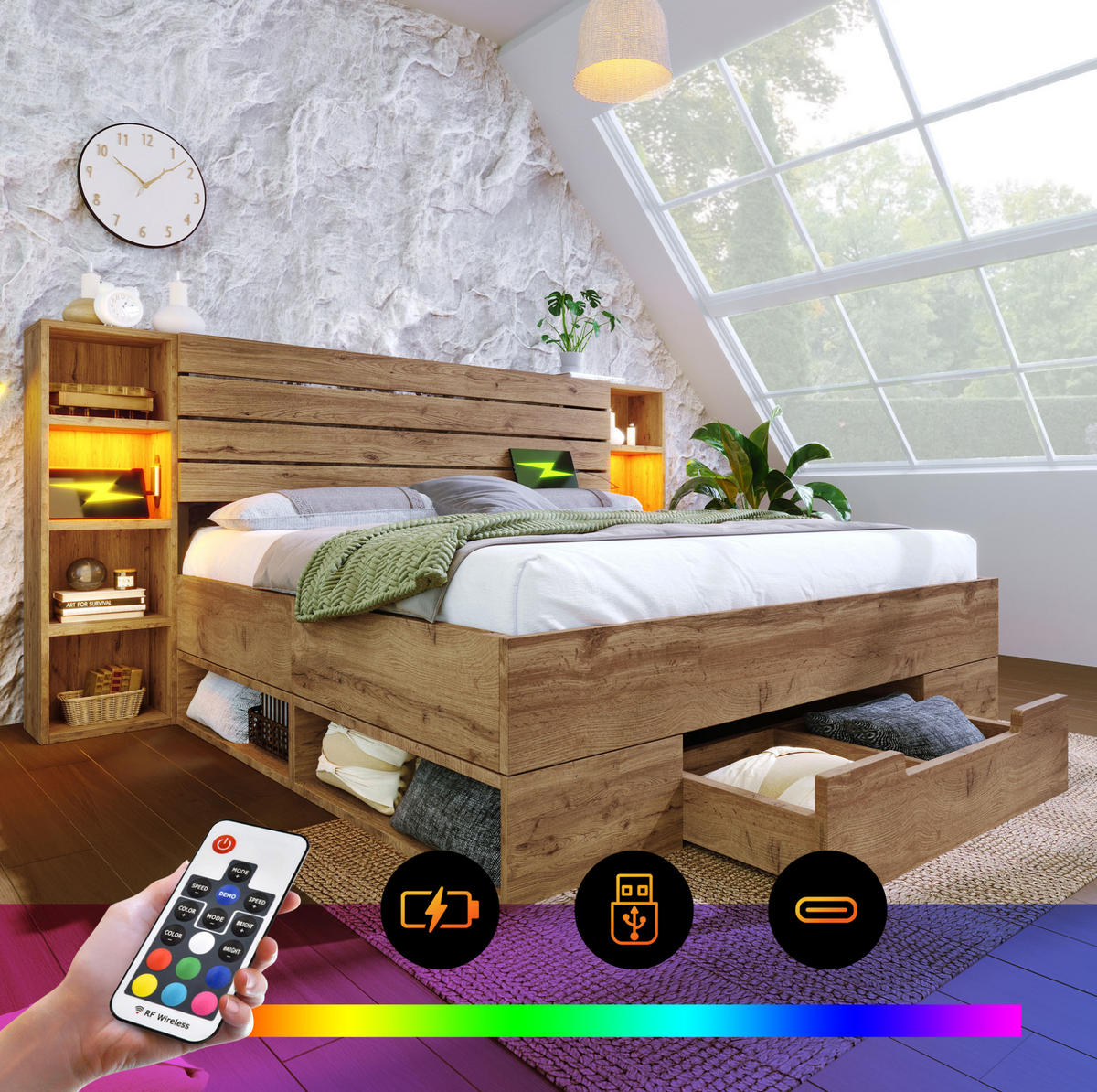 MANŽELSKÁ posteľ 160/200 cm dubová z kovu a dreva s LED čelom, USB-C a zásuvkami - farba duba, kov (160/200cm) - OKWISH