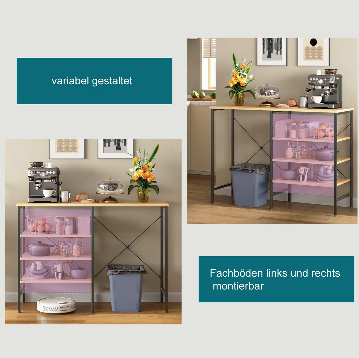 ODKLÁDACÍ stolek z MDF a kovu 120x40x85,5 cm černý a přírodní s variabilní montáží a nastavitelnými nožkami - černá, kompozitní dřevo (40/120/85cm) - Modfu