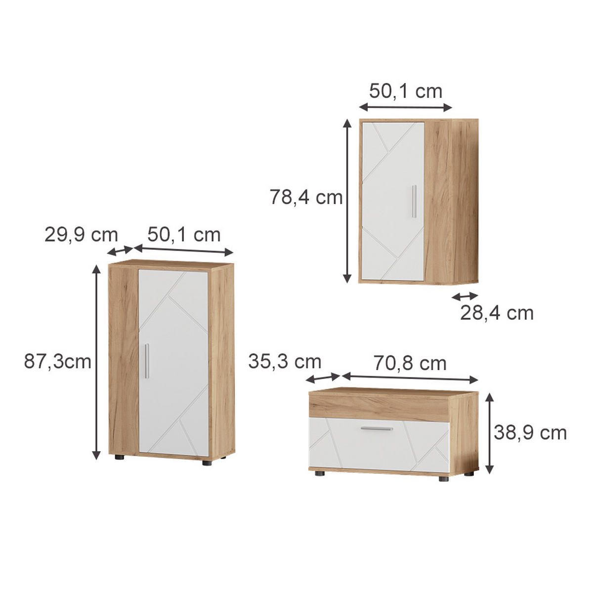 UNITATE DE PERETE Berno, Stejar auriu/Alb, Set din 3 piese - stejar miere/alb, compozit lemnos (50.1/78.4/28.3cm) - Vicco