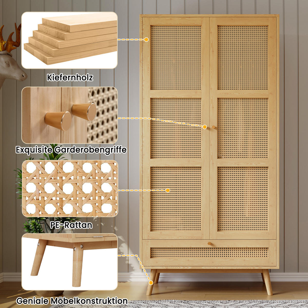 KLEIDERSCHRANK 90/45/183 cm mit 2 Drehtüren und Rattan-Optik in Natur - Naturfarben, Holz (90/183/45cm) - BEAOK