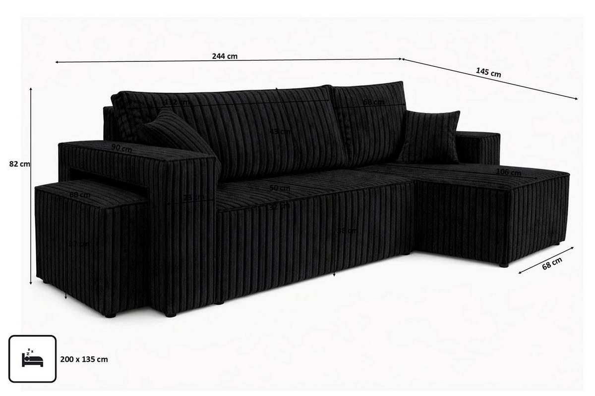 ECKSOFA Mit Schlaffunktion Und Pouf, Cordstoff Tilia, Schwarz, Rechts, Best L Mit Pouf - Schwarz, Holz (244/145cm) - Kaiser Möbel