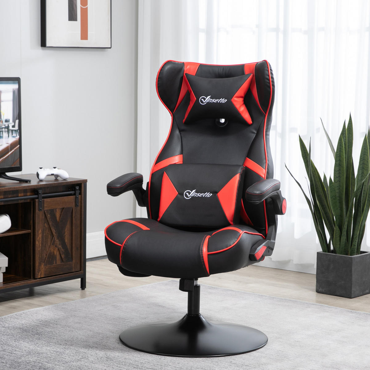GAMING Stuhl mit runder Bodenplatte, drehbar & neigbar, ergonomischer Sessel, Schwarz-Rot - Rot, Leder (69/112/73cm) - BRILVERDE