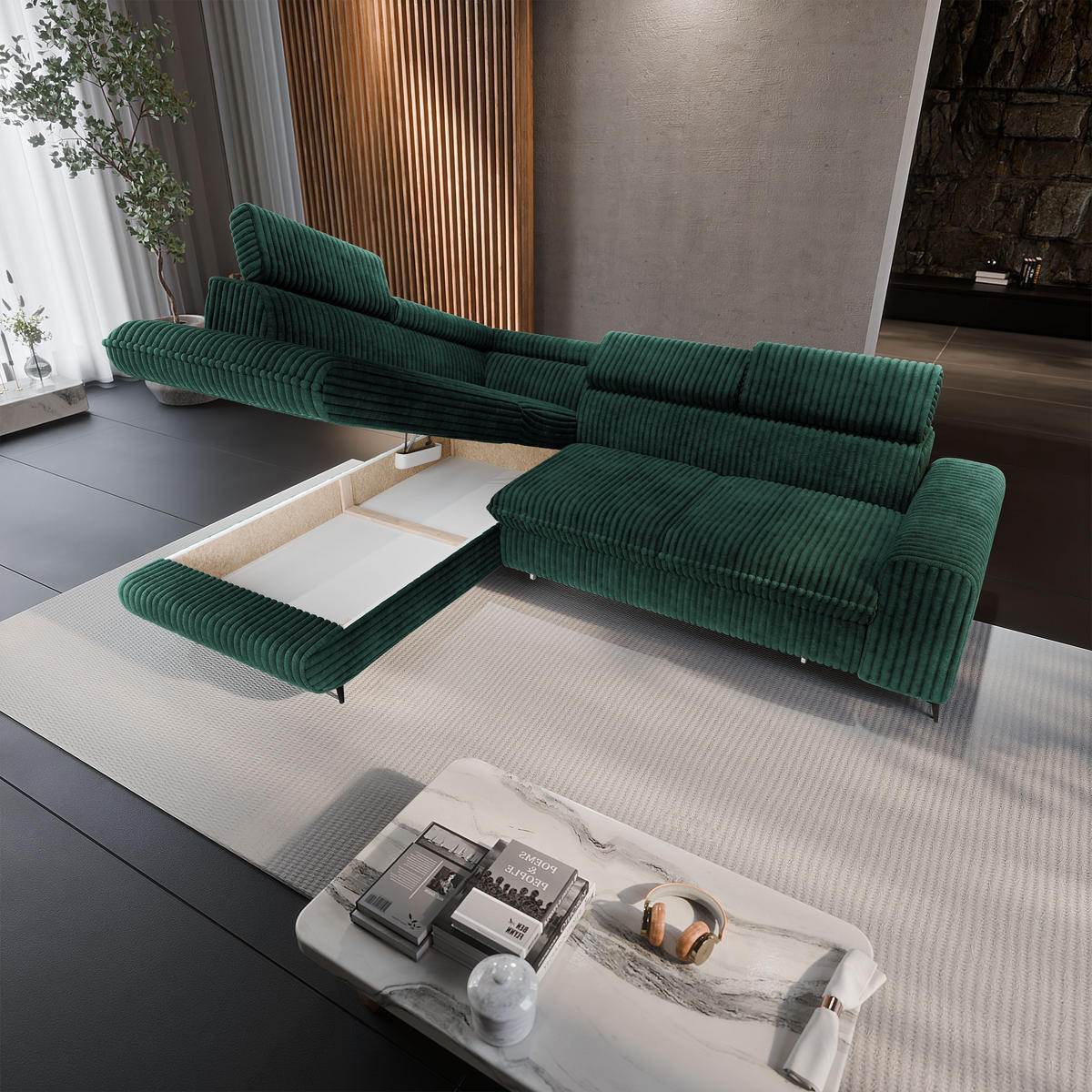 ECKSOFA VELISS Grün Kordstoff mit Schlaffunktion - Grün, Holz (255/193cm) - MASSENO