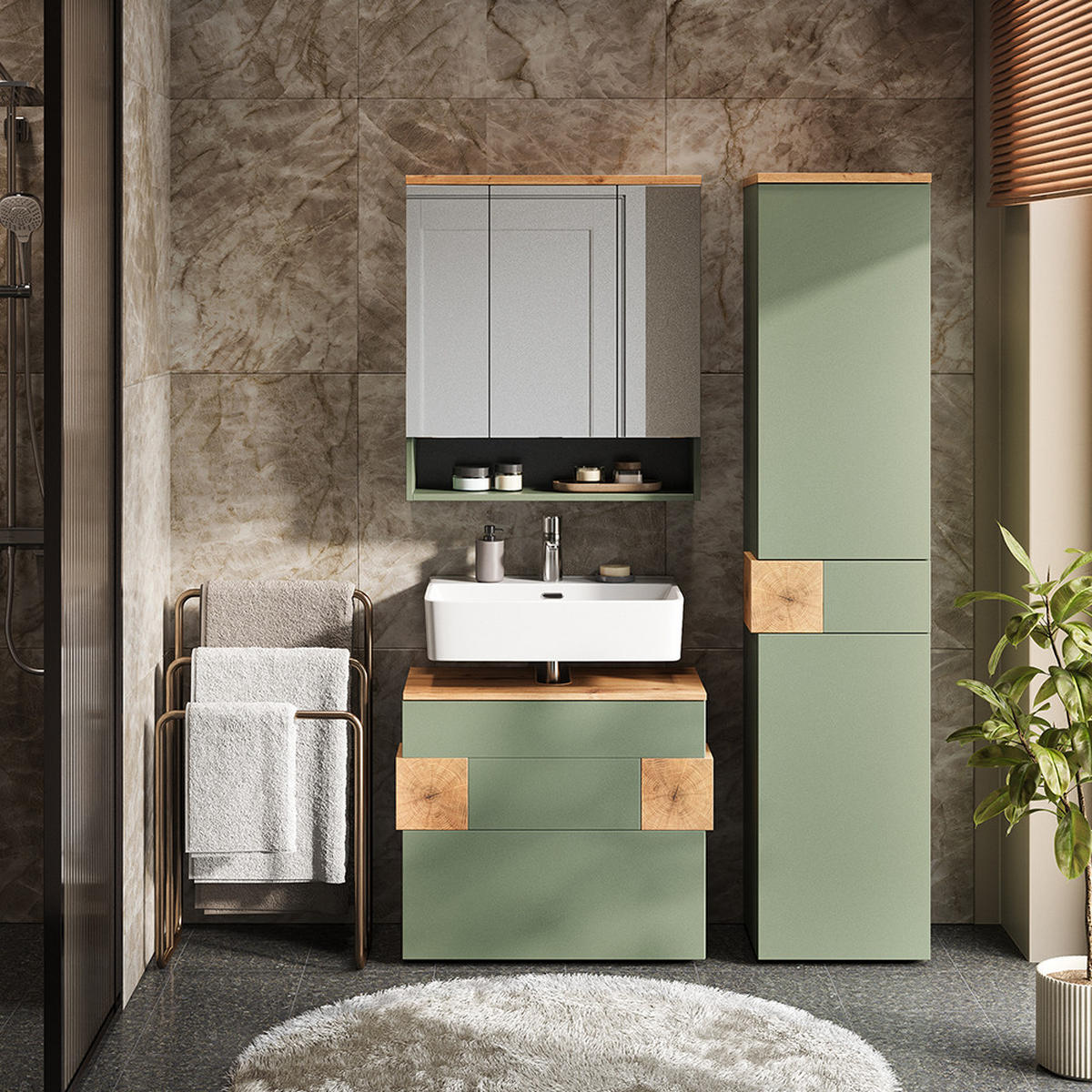 BADMÖBEL-SET Eden Grün/Artisan 3 Teile - Hellgrau/Grün, Holzwerkstoff (70/64.5/37cm) - Vicco