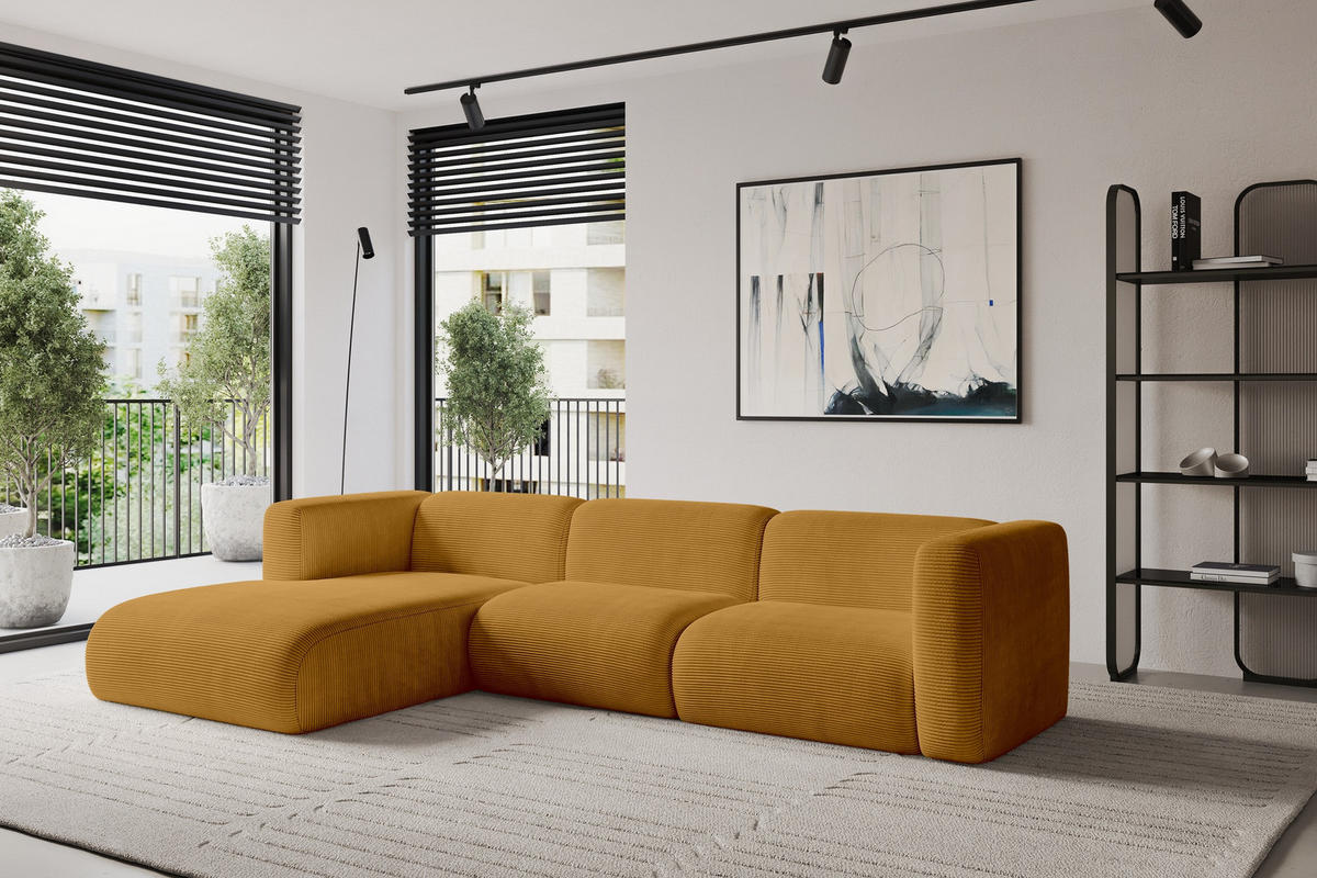 ECKSOFA Ottomane Links MIRA-L1 227x179x89 Senfgelb Cord - Currygelb/Schwarz, Holzwerkstoff/Kunststoff (227/179cm) - ALTDECOR