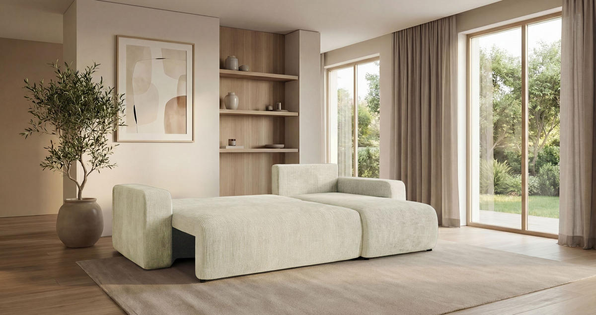 ECKSOFA PARIS rechts weiß Cord Poso 100 - Schlaffunktion, Bettkasten - Weiß, Textil (255/149cm) - Cornero