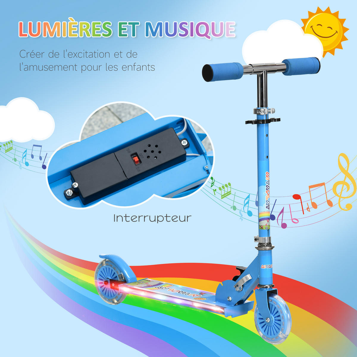 KINDERSCOOTER DE-16942 LED-Räder & Musik Blau - Blau, Metall (67/32/78cm) - ComfortXL