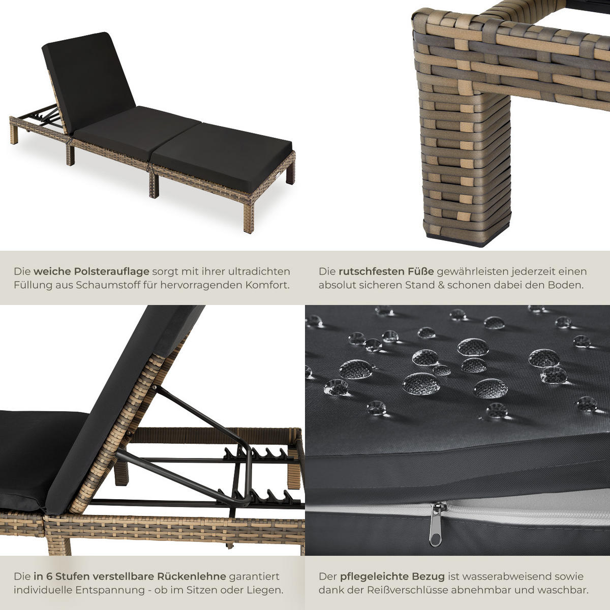 RATTAN-SONNENLIEGE Sofia,196 x 66 x 27 cm,natur - Naturfarben, Kunststoff (66/27/196cm) - tectake