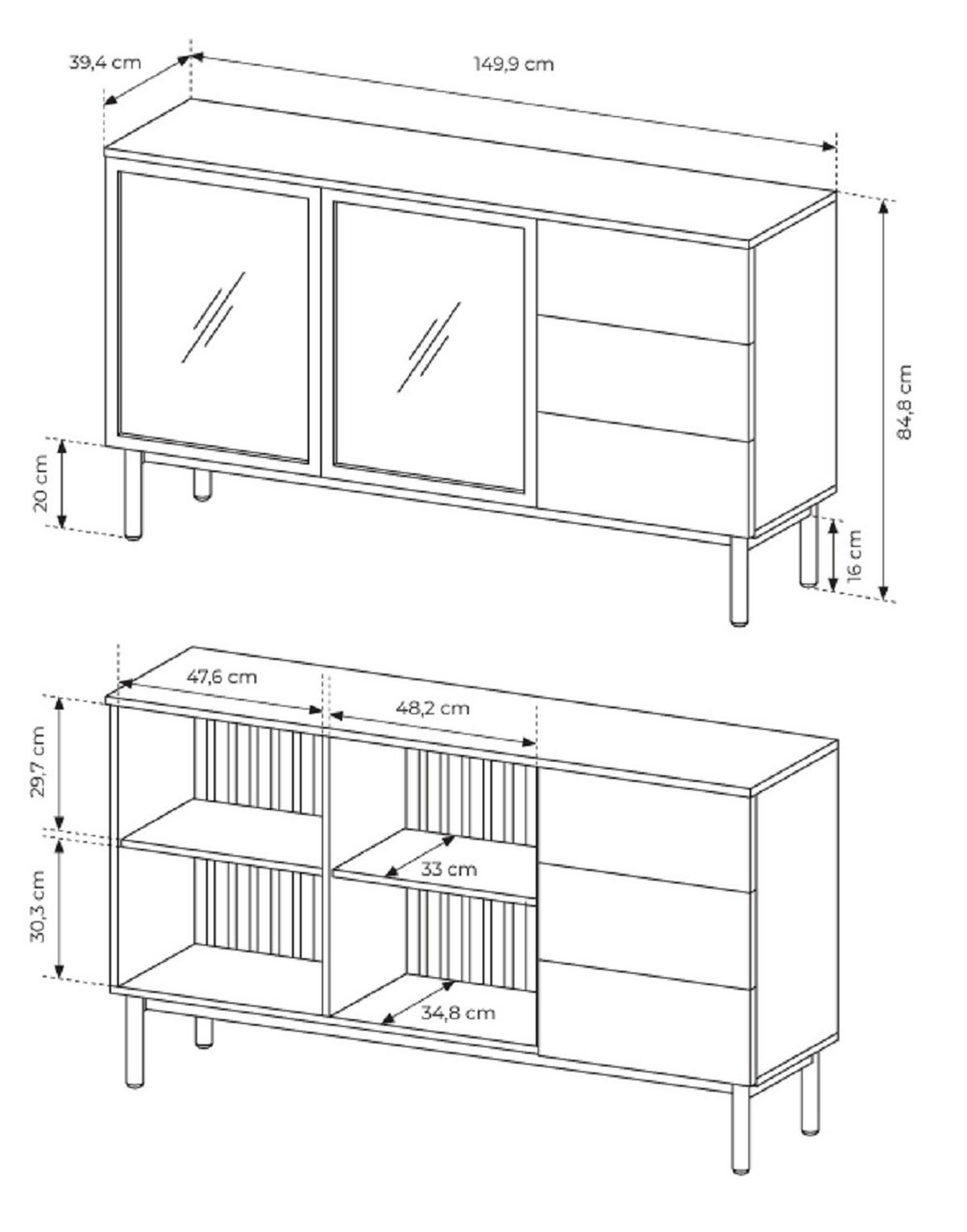 KOMMODE 150 cm mit LED Jotare, 2 Türen, Schubladen, Schwarz, Eiche Evoke - Schwarz, Holz (150/85/39cm) - Emporius