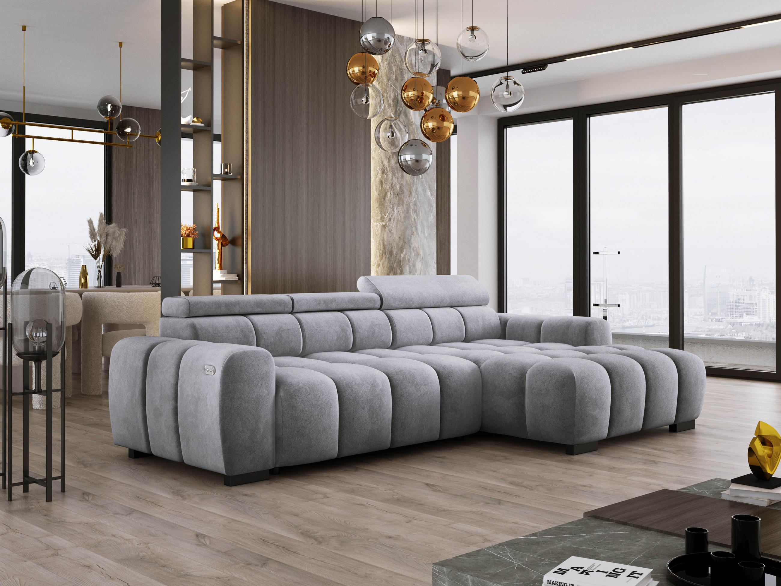 ECKSOFA OMBO 285x168x77/97 cm, Rechts, Schlaffunktion, elektr. Sitz, Kopfstützen, Buche dunkel, hydrophober SALVADOR-Stoff – Silber - Silberfarben, Holz/Textil (285/168cm) - DomoHome