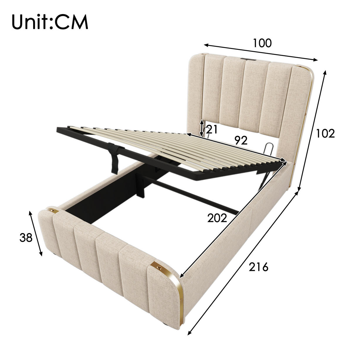 TAPECIRANI krevet od lana 90x200 cm bež s USB i Type-C priključkom, hidrauličnim spremištem i madracem - bež, tekstil (90/200cm) - Modfu