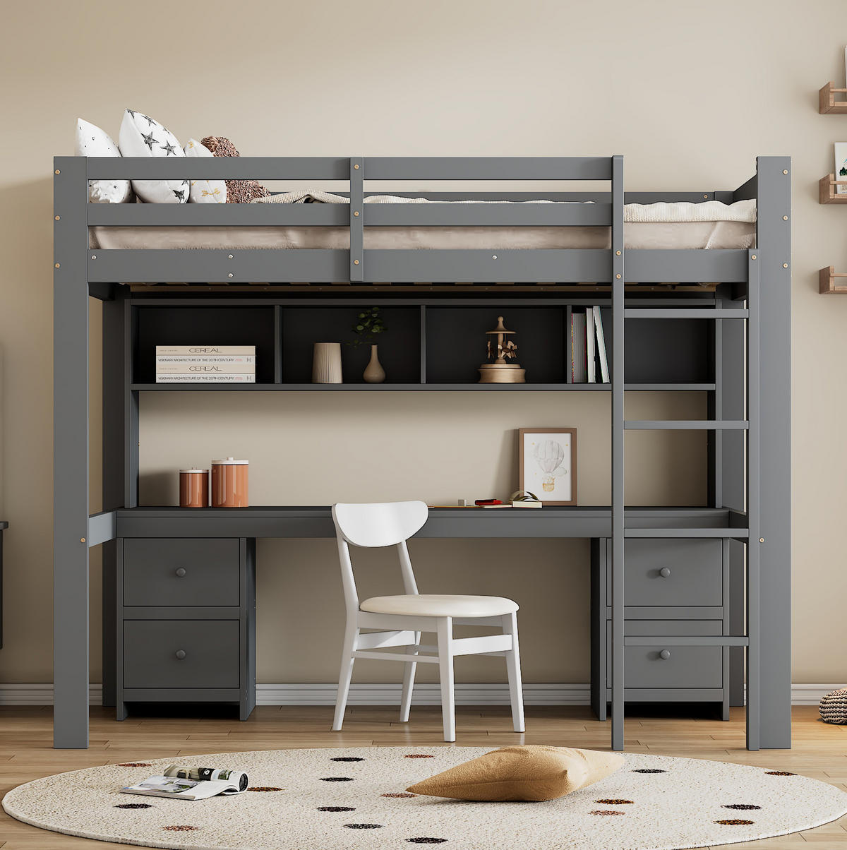 HOCHBETT 90/200 cm aus Kiefer massiv und MDF mit Schreibtisch und Stauraum Grau - Grau, Holz (90/200cm) - Modenvie