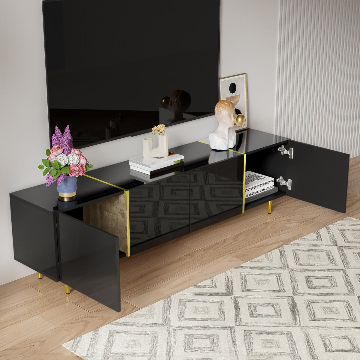 TV-SCHRANK Hochglanz in Weiß mit vier Türen 170/35/46 cm - Schwarz, Holzwerkstoff (170/46/35cm) - Redom