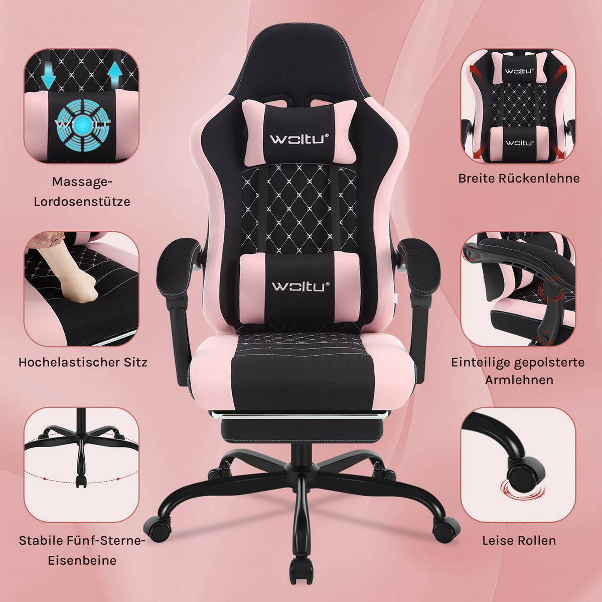 GAMINGSTUHL mit Massagefunktion, Netzstoff, Schwarz+Rosa - Schwarz/Rosa, Textil/Metall (70/127/70cm) - Woltu