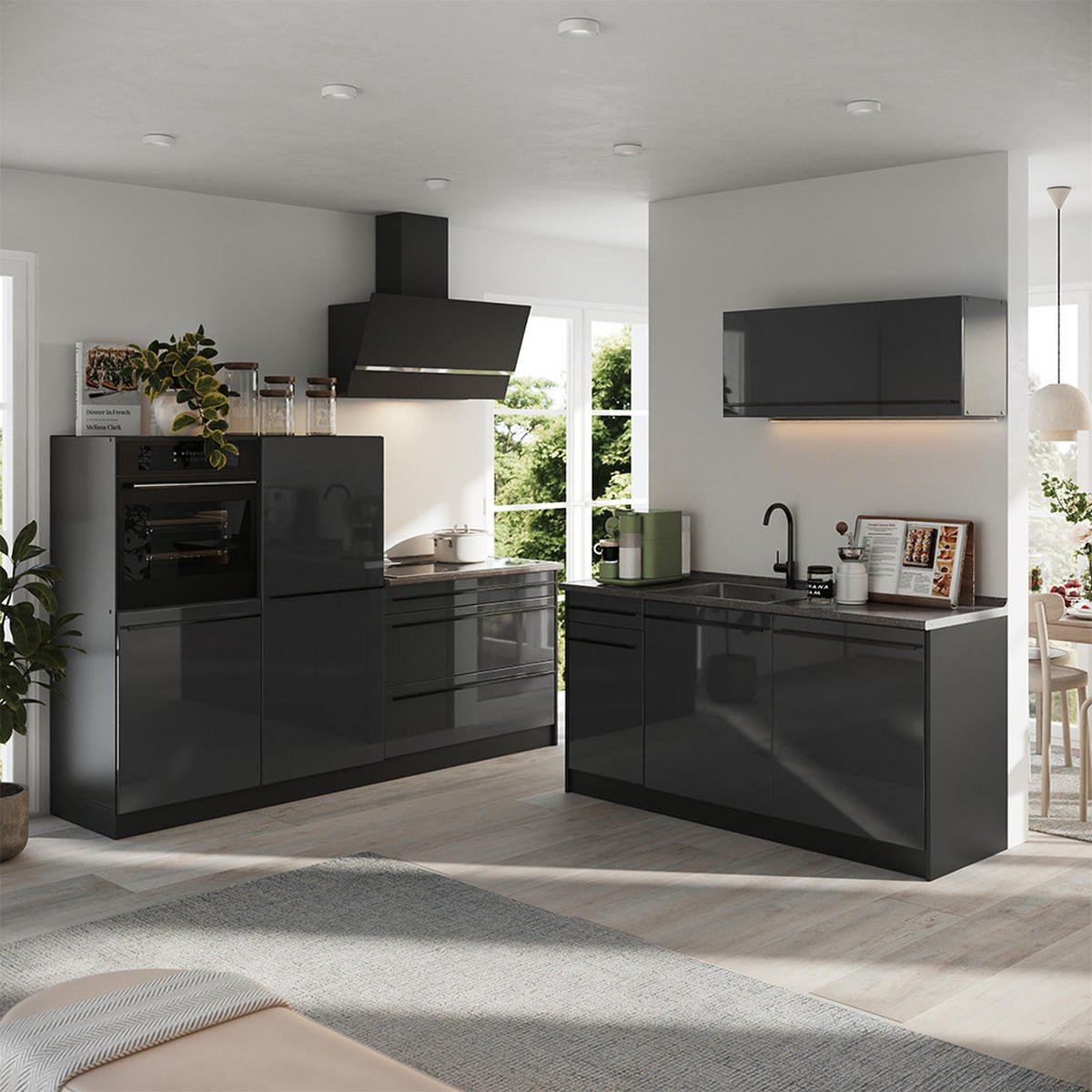 KÜCHENZEILE R-Line, Anthrazit Hochglanz/Anthrazit, 220 cm Arbeitsplatte Anthrazit - Schwarz Hochglanz/Anthrazit, Holzwerkstoff (220/143/60cm) - Vicco