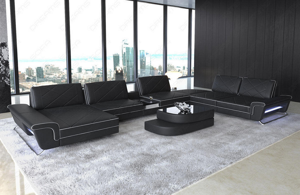 WOHNLANDSCHAFT Bari XXL - Schwarz/Weiß, Leder (456/89/329cm) - Sofa Dreams