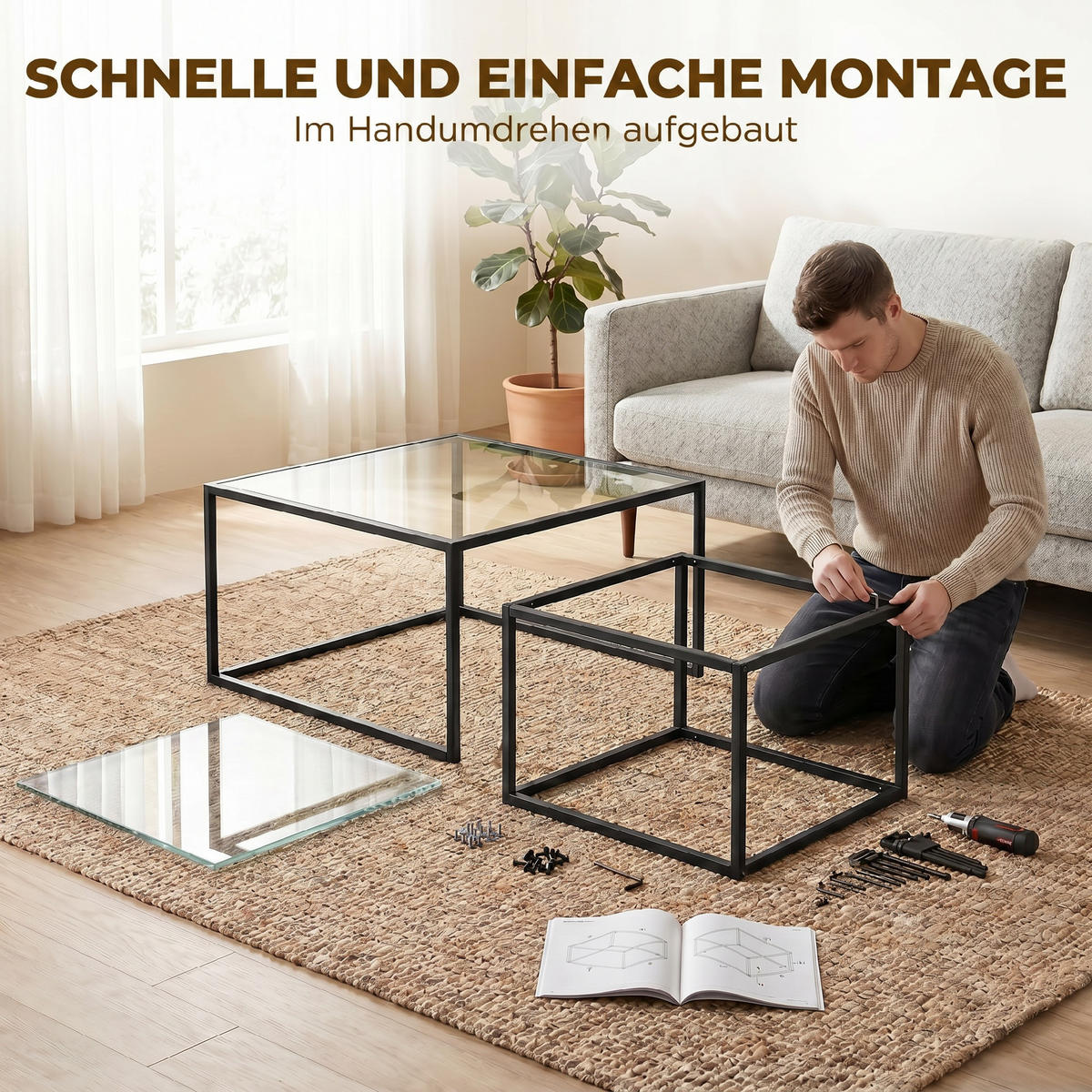 COUCHTISCHE Gehärtetes Glas, Metall Schwarz - Schwarz, Glas/Metall (75/75/42cm) - HOMCOM