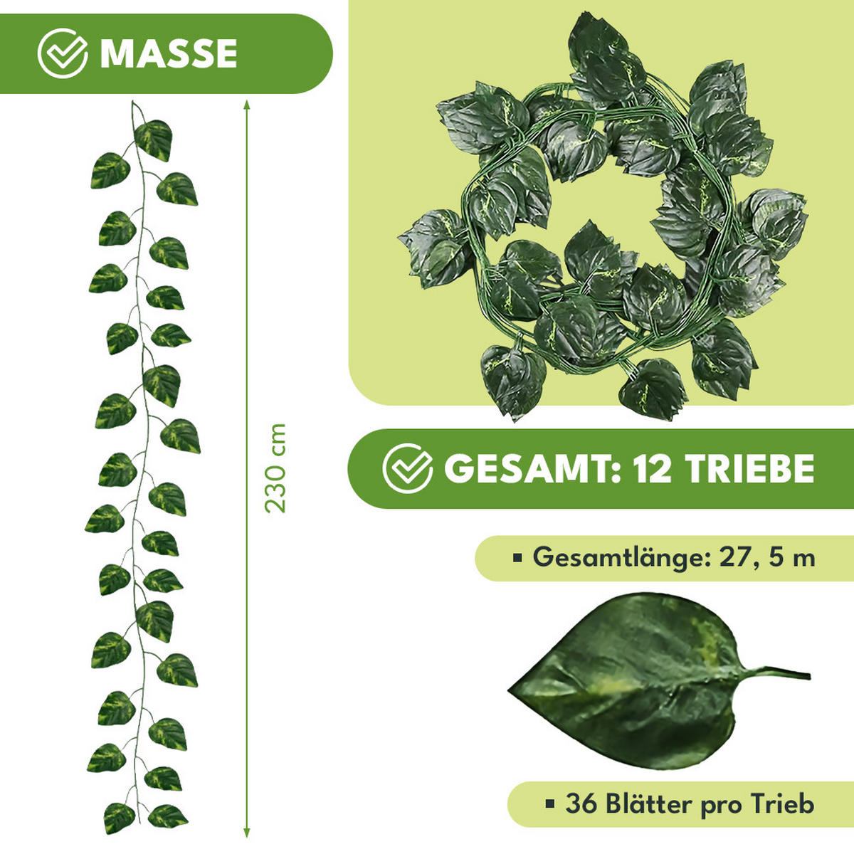 KUNSTPFLANZE Efeu Girlande 27,5m - Waldgrün, Kunststoff (230cm) - KRUMAD