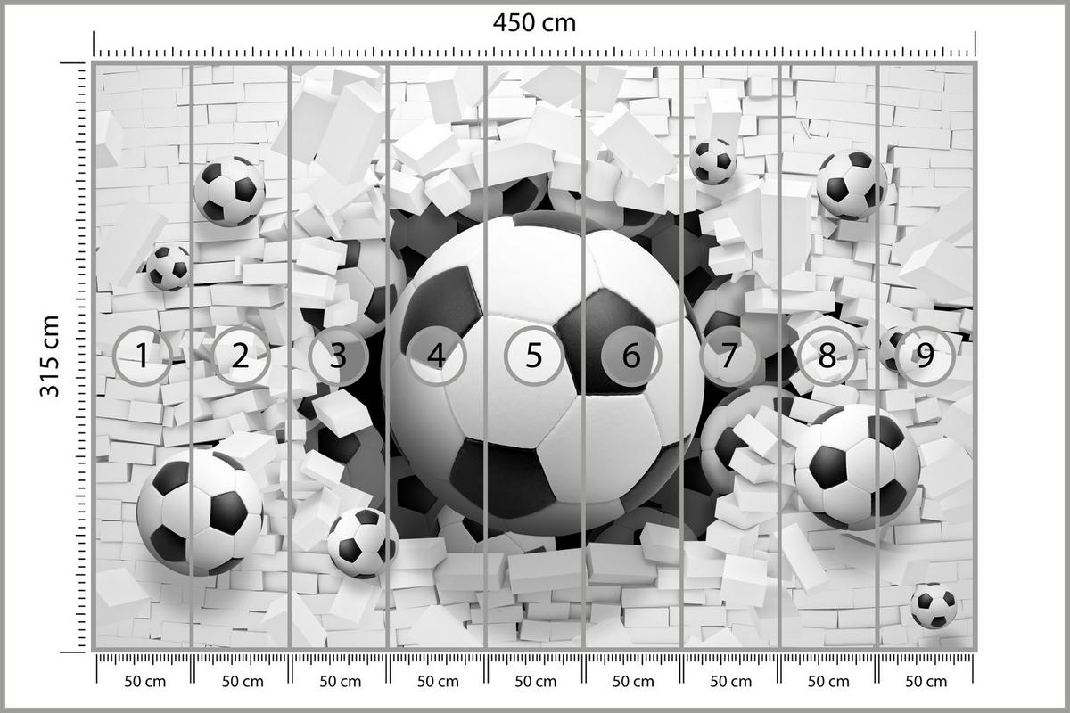 FOTOTAPETE für Jugendzimmer Fußbälle Weiße Ziegelwand Sport 450x315 - Schwarz/Weiß, Papier (450/315cm) - Muralo