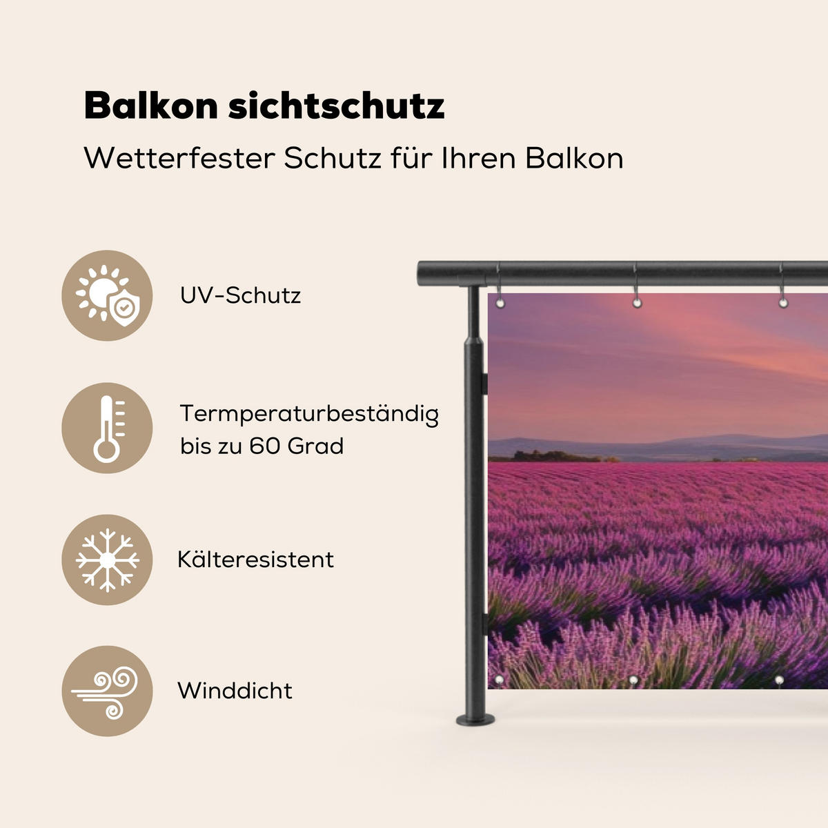 BALKON-SICHTSCHUTZ Lavendelfeld - Sonnenuntergang - Lila - Blumen - Violett, Kunststoff (500/110cm) - MuchoWow